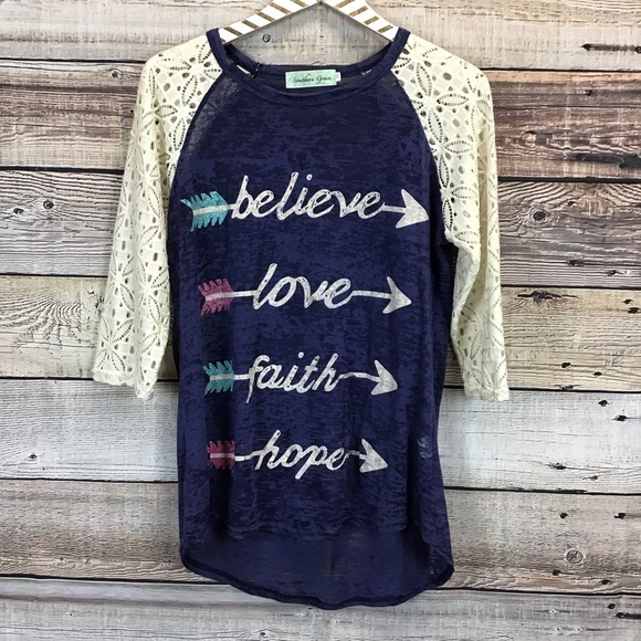 Southern Grace Tops - Southern Grace Medium Tee Navy Ivory Lace 0694